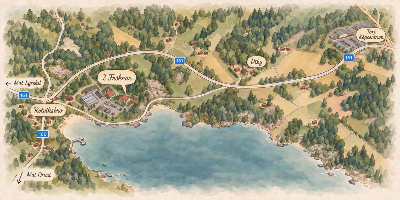 Två Fröknar ligger strax öster om Rotviksbro. Väg 161 leder mot Lysekil åt väster och Torp Köpcentrum åt öster, med Utby norr om vägen. Väg 160 går söderut mot Orust.