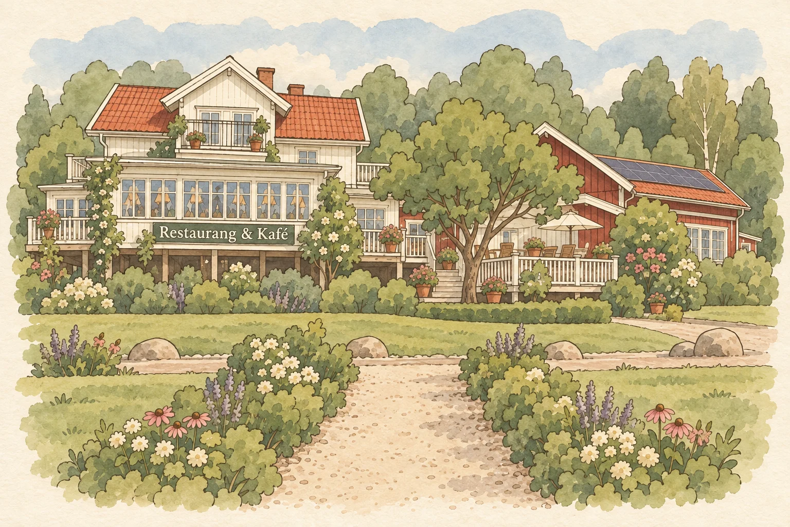 Tecknad vy av Stallgårdens vita restauranghus och röda gårdsbyggnad, med grusgång och blommande trädgård